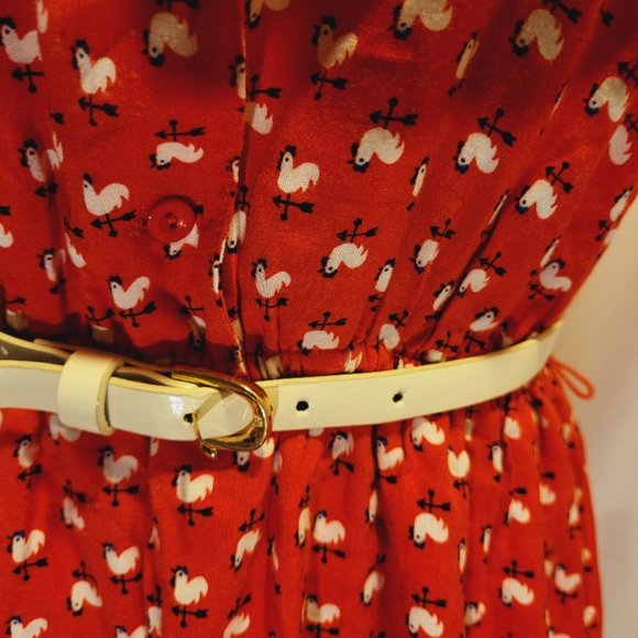 Forever 21 Rooster Print Red Fit and Flare Dress with Belt M - Picture 7 of 14